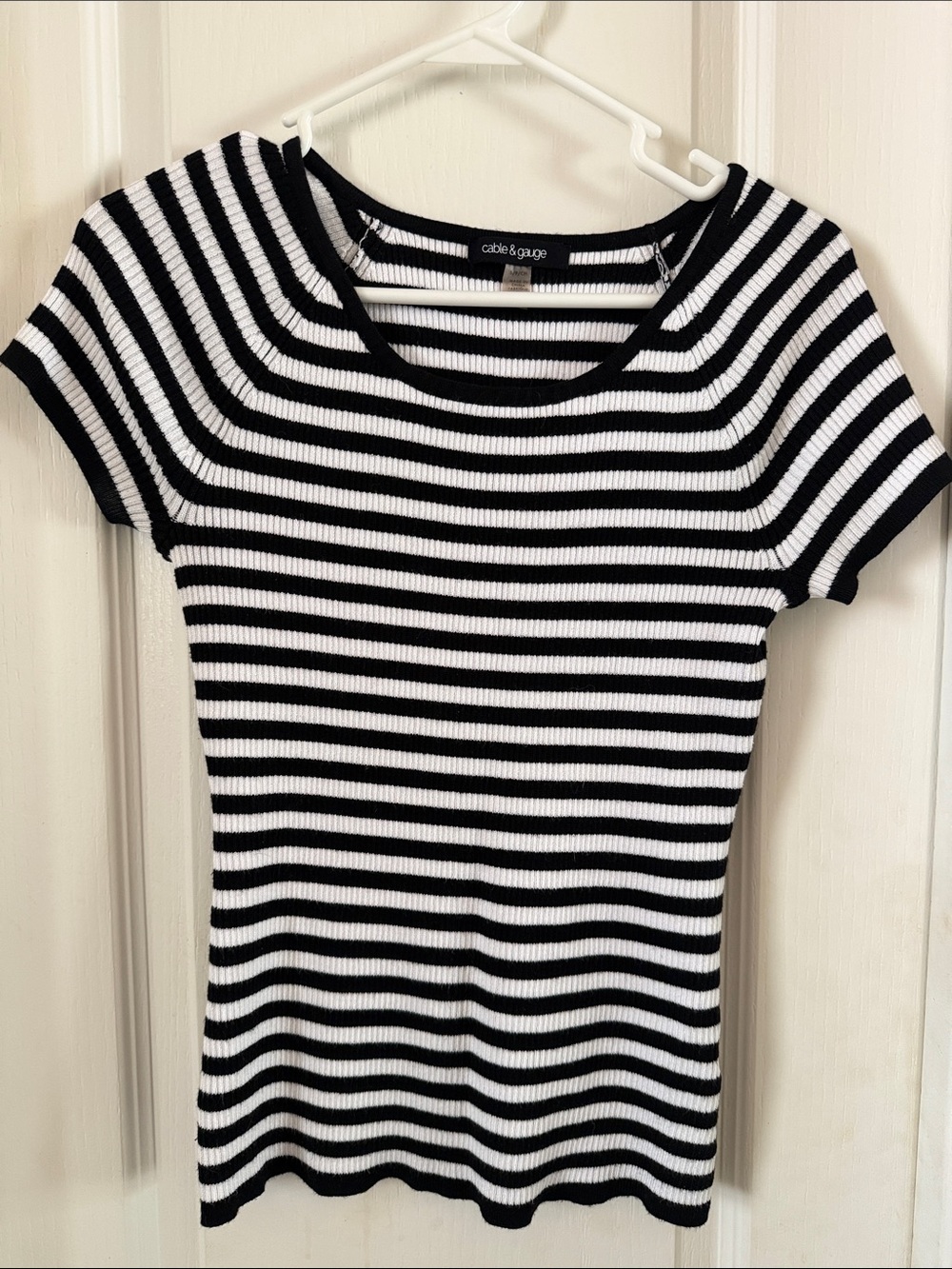 Cable & Gauge Black and White Striped Ribbed Scoop Neck Tee
